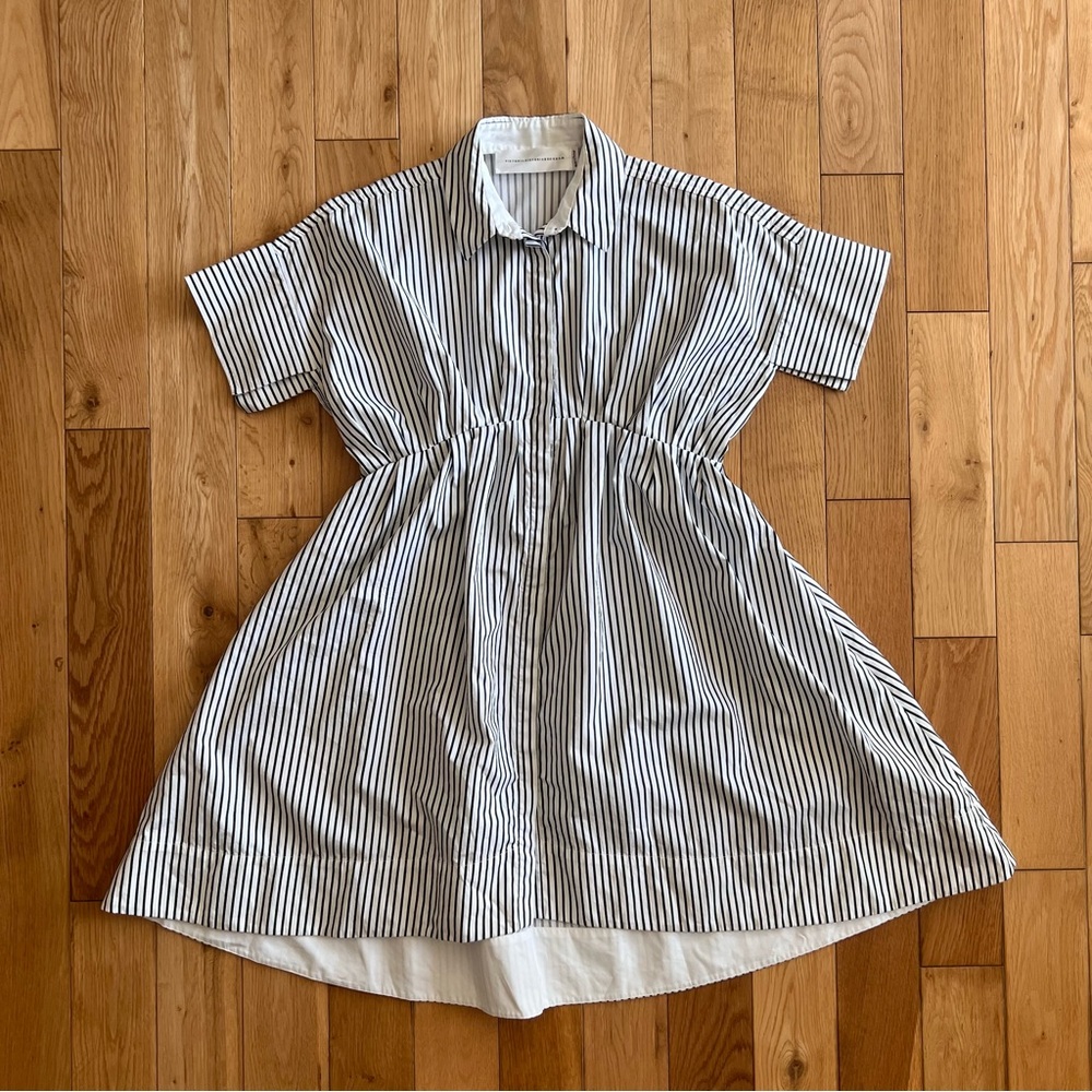 Victoria Beckham White Black Striped Collared Button Front Mini Shirt Dress Sz 4